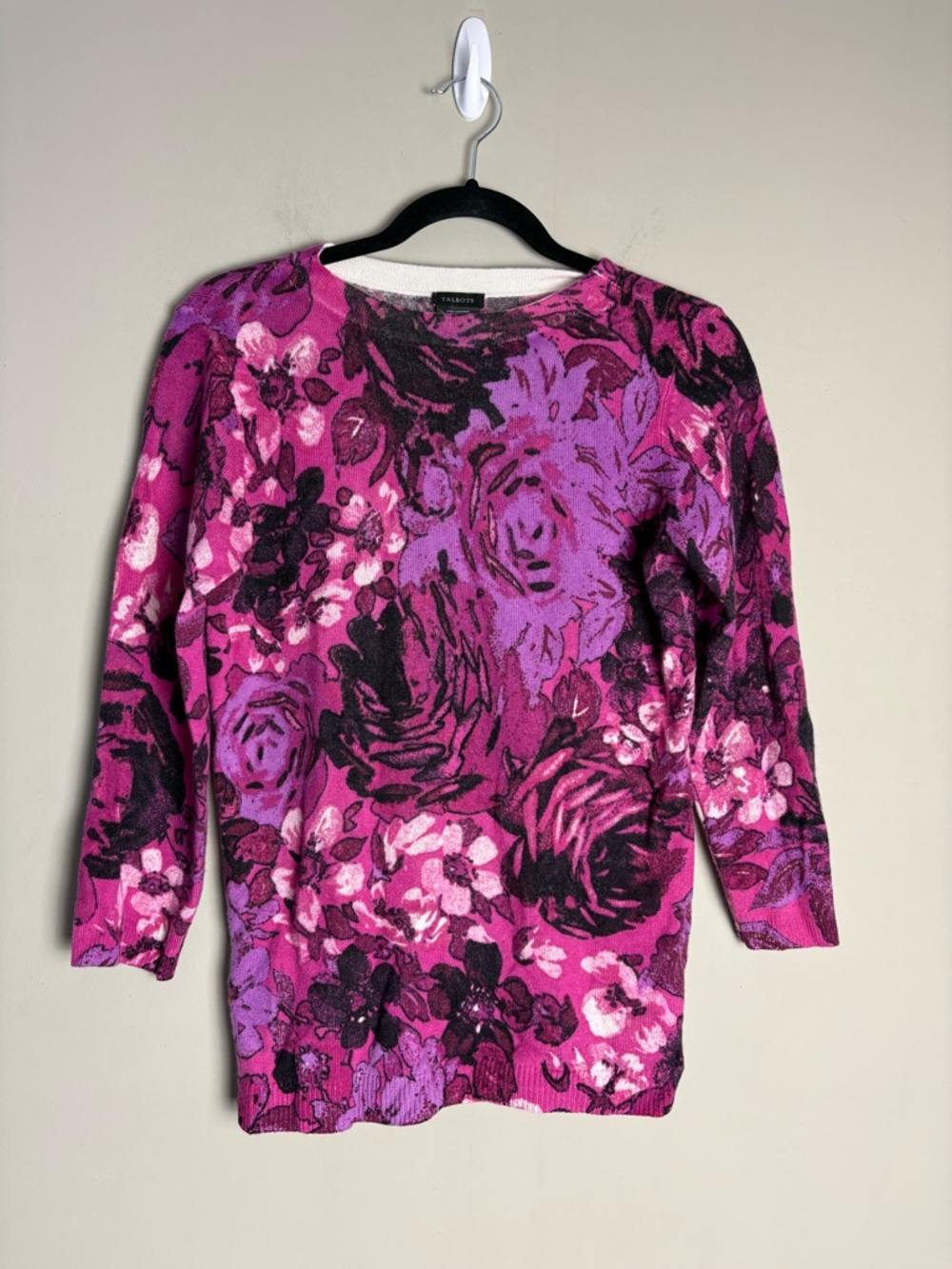 Talbots 100% Cashmere Pink Purple Black Floral Sweater Sz Small